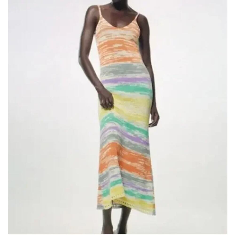 Zara Rainbow Knit Maxi Sweater Dress‎ Vneck Bohohemian Resort Vacation S